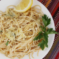 baked lemon spaghetti on a plate