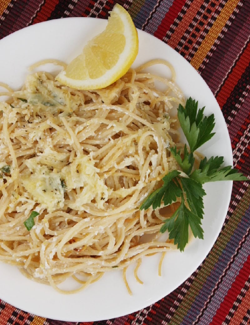 Baked Lemon Spaghetti recipe from RecipeGirl.com baked lemon spaghetti on a plate