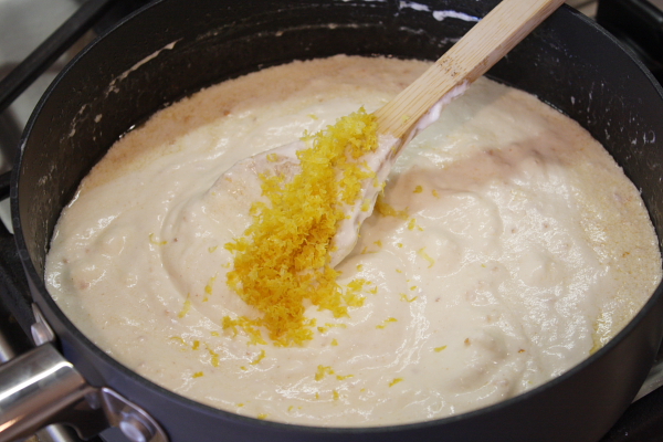 Baked Lemon Spaghetti 4 adding lemon zest to sauce in pan