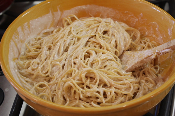Baked Lemon Spaghetti 8 pasta with sauce in bowl