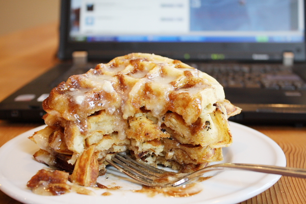 Eating Cinnamon Roll Waffles