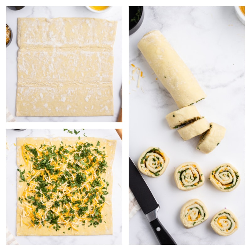 three photos showing process of making puff pastry rolls