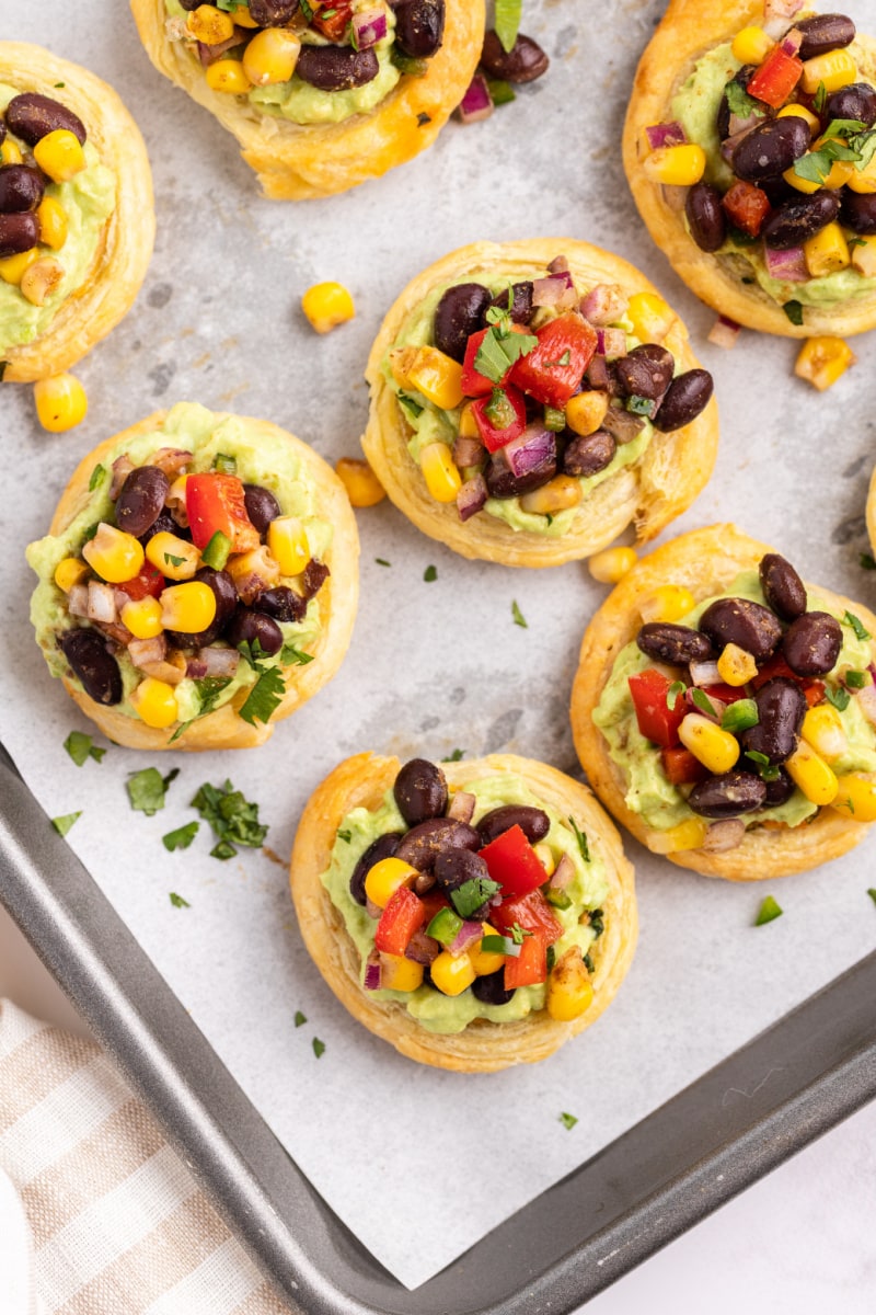 southwestern bruschetta bites on a baking sheet