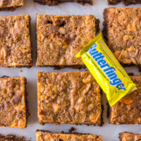 butterfinger brownies with candy bar on top