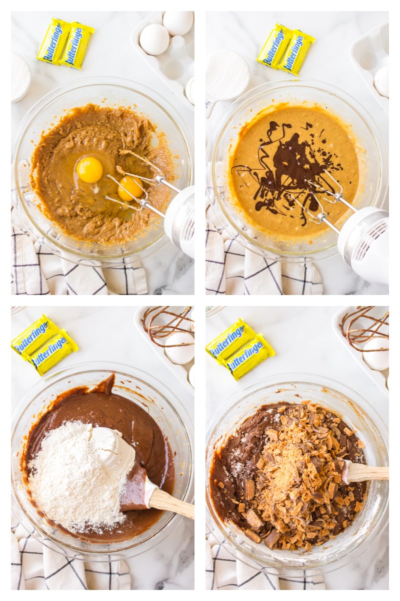 four photos showing how to make batter for butterfinger brownies
