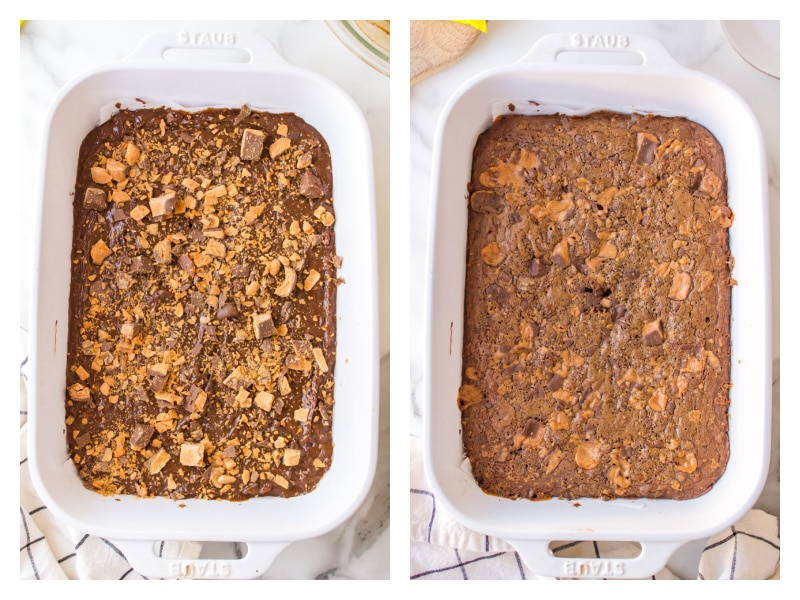 two photos showing butterfinger brownies ready for oven and then baked
