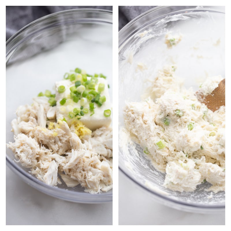 two photos showing bowl of ingredients for wonton filling and then mixed in a bowl