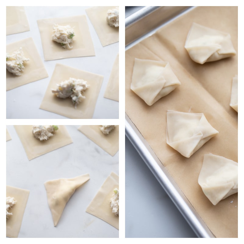 three photos showing process of filling and forming wontons