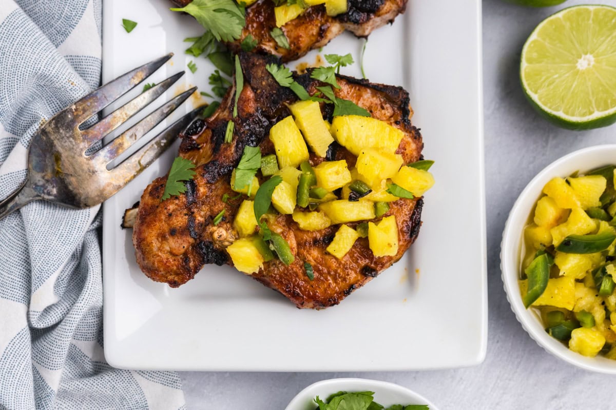 Chili Rubbed Pork Chops with Grilled Pineapple Salsa