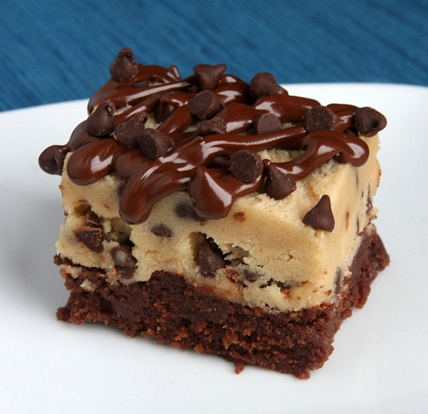 Chocolate Chip Cookie Dough Brownies with chocolate drizzle