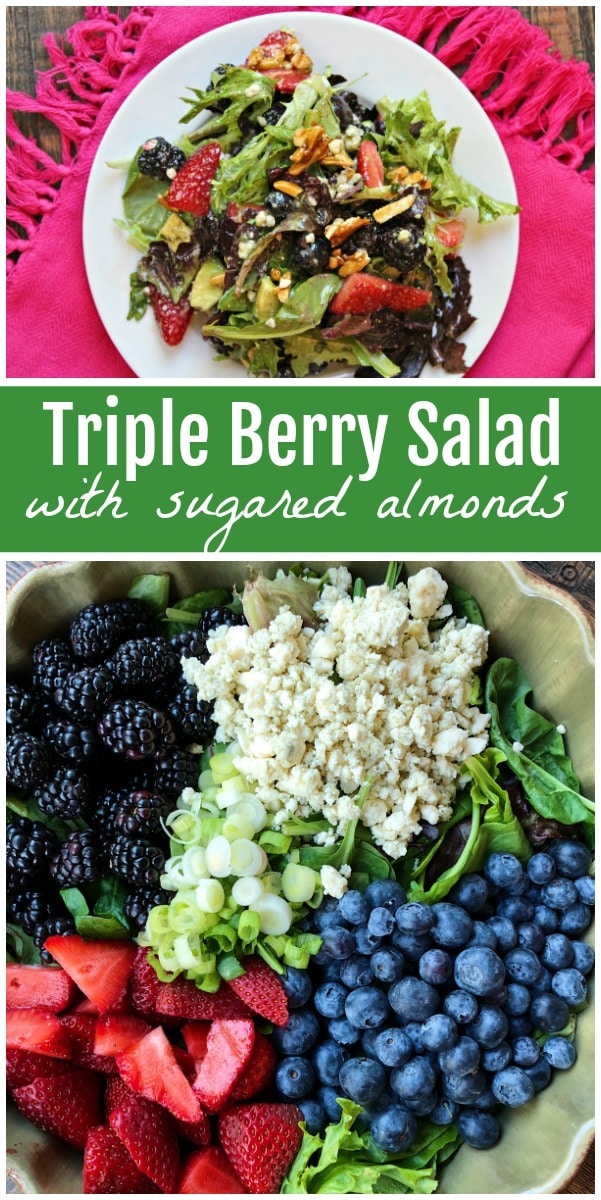 Triple Berry Salad with Sugared Almonds recipe from RecipeGirl.com #berry #salad #recipe #RecipeGirl