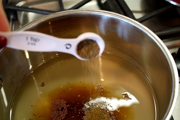 adding celery seeds to a pan with a measuring spoon
