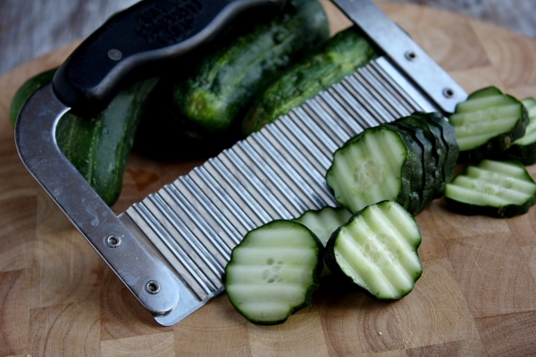 sliced cucumbers with a slicing device