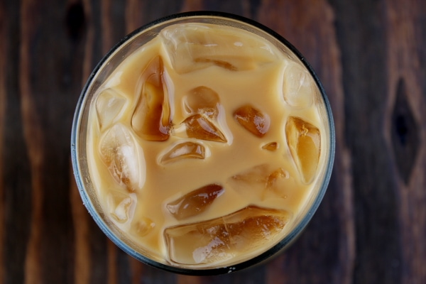 overhead shot of iced coffee on a wooden board