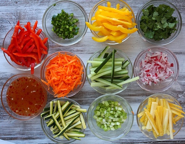 Thai Summer Salad recipe from RecipeGirl.com Ingredients displayed for making Thai Summer Salad