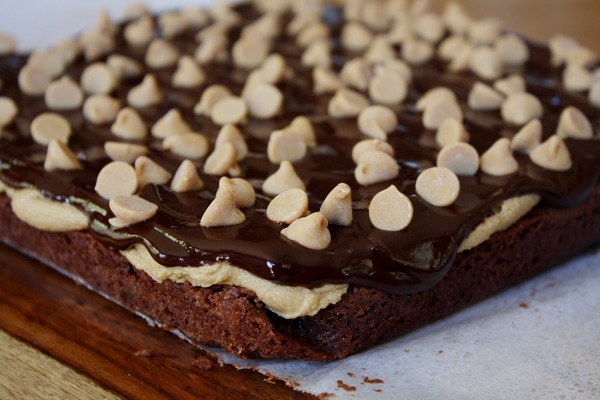 Slab of peanut butter cookie dough brownies