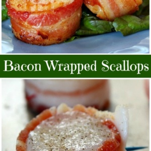 pinterest collage image for bacon wrapped scallops