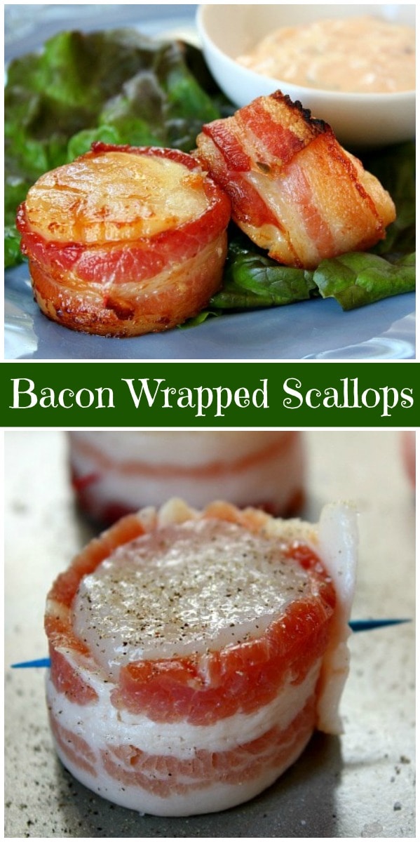 pinterest collage image for bacon wrapped scallops