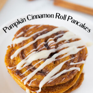 pinterest image for pumpkin cinnamon roll pancakes
