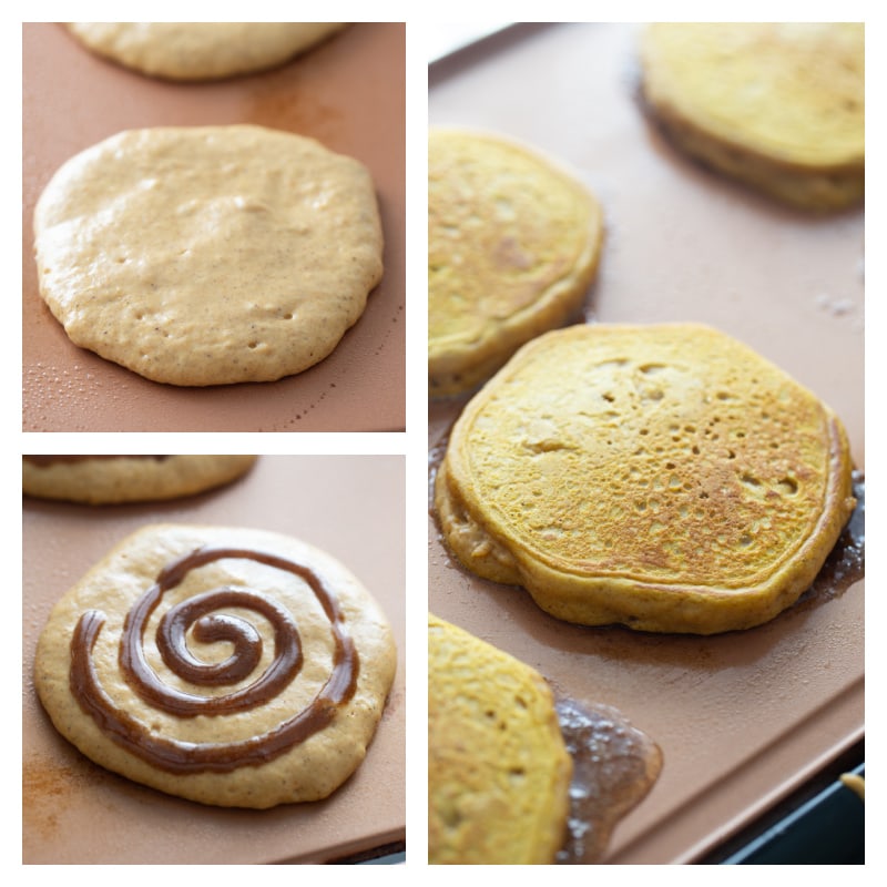 three photos showing process of making cinnamon roll pancakes on griddle