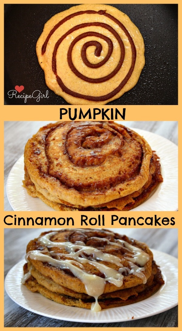Pumpkin Cinnamon Roll Pancakes Pinterest image