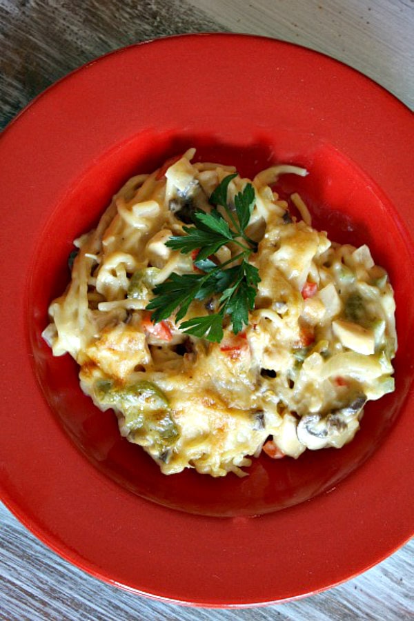 single serving of chicken spaghetti casserole in a red bowl garnished with fresh parsley