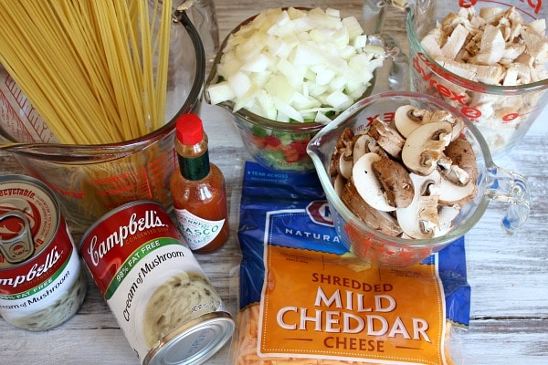 Chicken Spaghetti Casserole recipe from RecipeGirl.com #chicken #spaghetti #casserole #recipe #RecipeGirl ingredients displayed for chicken spaghetti casserole- pasta, cream of mushroom soup, tabasco, cheese, onions, mushrooms, chicken