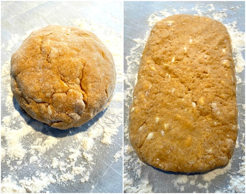 dough for pumpkin scones in ball and then patted into rectangle