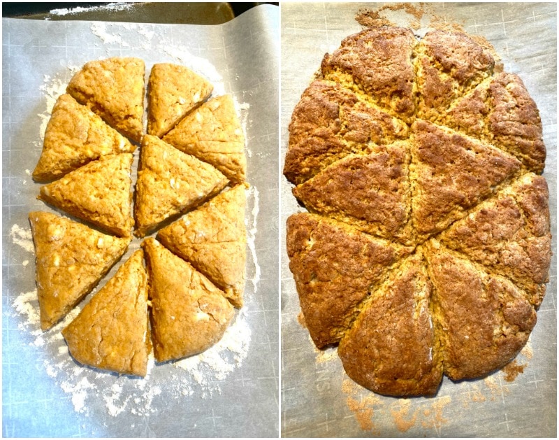 pumpkin scones ready for oven and then just out of the oven