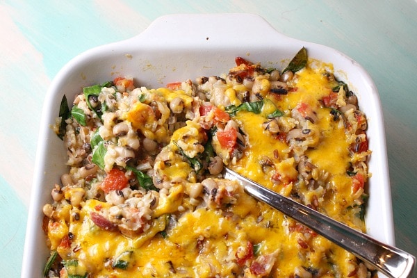 Tex Mex Black Eyed Pea Casserole recipe from RecipeGirl.com #tex #mex #texmex #blackeyedpea #blackeyedpeas #black #eyed #pea #peas #casserole #newyears #newyearsday #lucky #good #luck #goodluck #recipe #RecipeGirl serving up Tex Mex Black Eyed Pea Casserole
