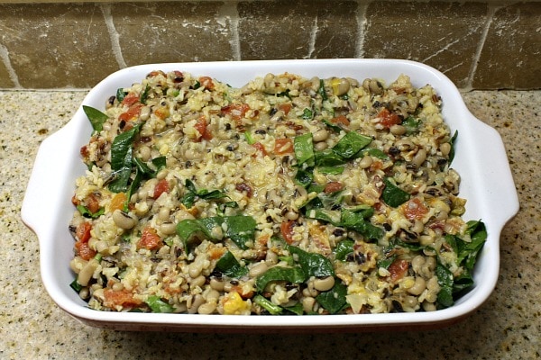 Tex Mex Black Eyed Pea Casserole recipe from RecipeGirl.com #tex #mex #texmex #blackeyedpea #blackeyedpeas #black #eyed #pea #peas #casserole #newyears #newyearsday #lucky #good #luck #goodluck #recipe #RecipeGirl Tex Mex Black Eyed Pea Casserole ready for the oven