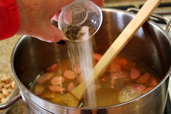 adding spices to soup