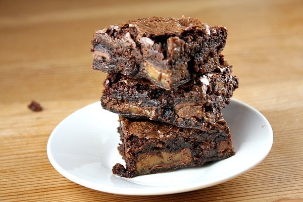 Easy Caramel Brownies recipe from RecipeGirl.com caramel brownies stacked on plate