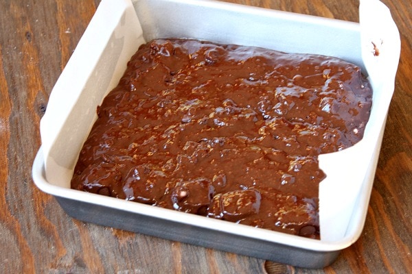 Easy Caramel Brownies recipe from RecipeGirl.com pan of brownies ready for oven