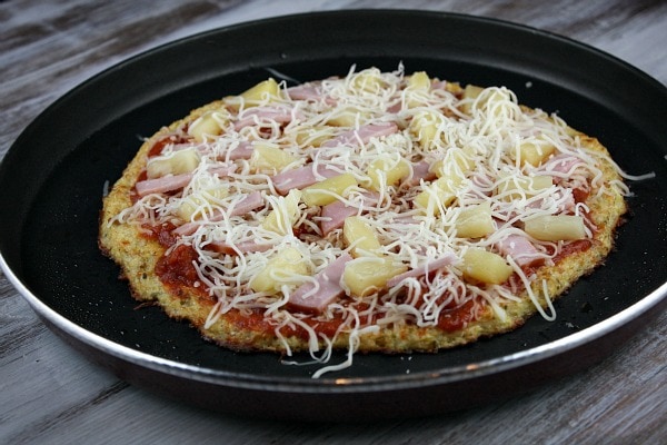 Cauliflower Crust Pizza topped with Hawaiian toppings