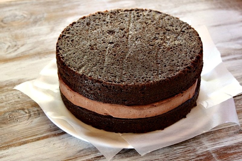 Chocolate Cheesecake Cake recipe from RecipeGirl.com #chocolate #cheesecake #cake #recipe #RecipeGirl Chocolate Cheesecake Cake before frosting