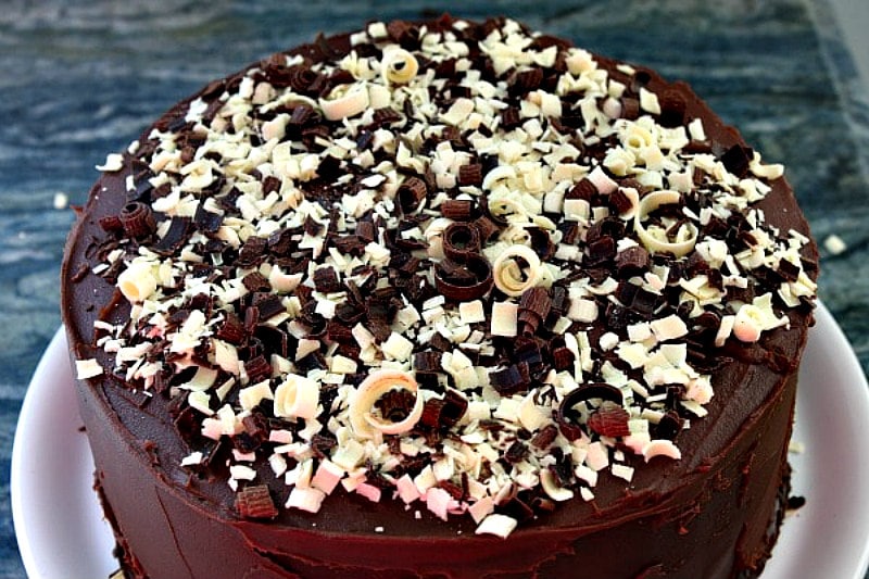 Chocolate Cheesecake Cake recipe from RecipeGirl.com #chocolate #cheesecake #cake #recipe #RecipeGirl Chocolate Cheesecake Cake with Chocolate Shavings