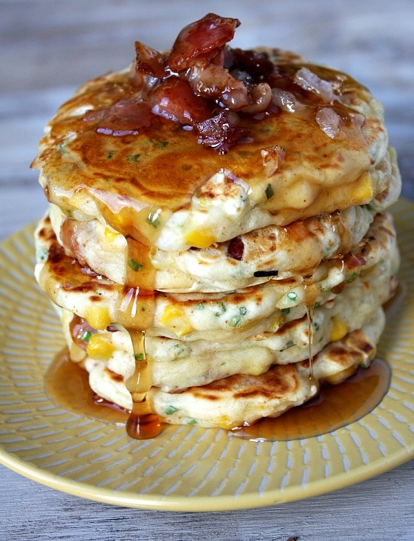 Bacon and Corn Griddle Cakes with maple syrup