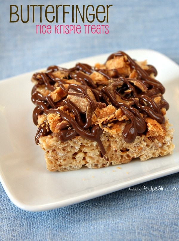 Butterfinger Rice Krispie Treat on a plate