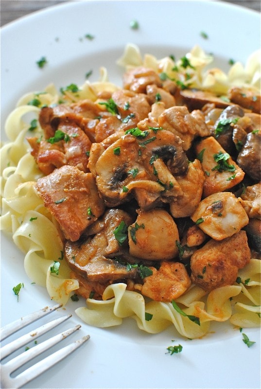 chicken stroganoff over noodles