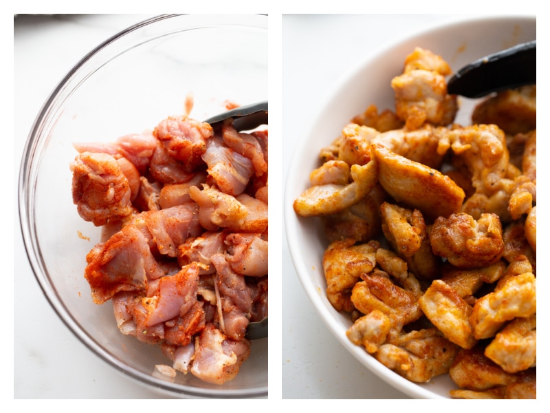 two photos showing spiced chicken and then cooked in bowl