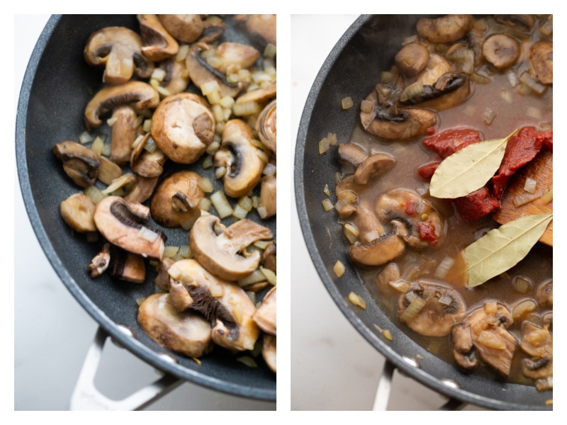 two photos showing how to make sauce of skillet stroganoff