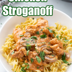 pinterest image for chicken stroganoff