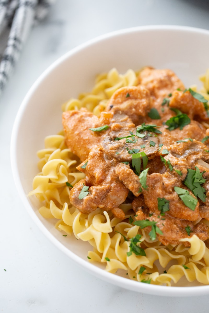 bowl of chicken stroganoff over noodles