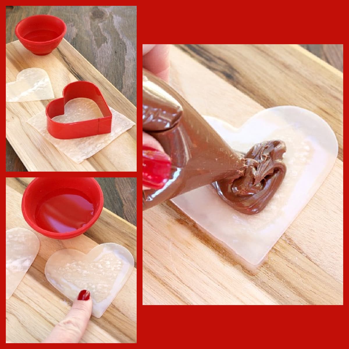 three photos showing how to make nutella heart ravioli