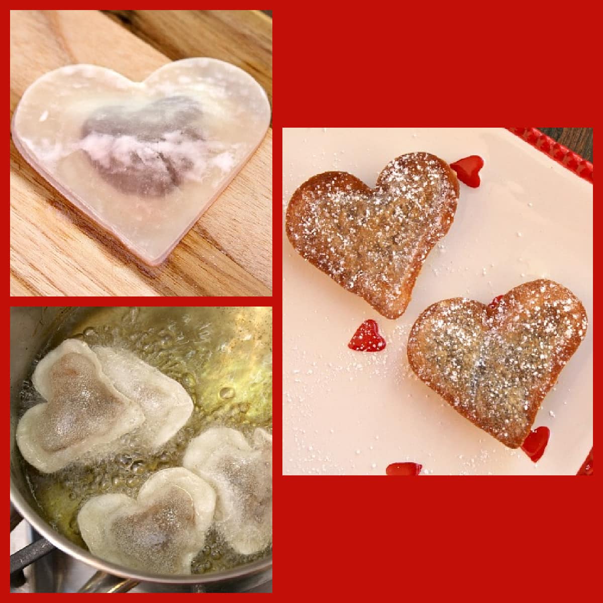 three photos showing how to fry nutella heart ravioli