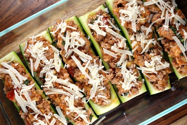 Sausage Stuffed Zucchini with cheese on top