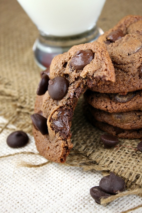 malted dark chocolate chip cookies with a bite