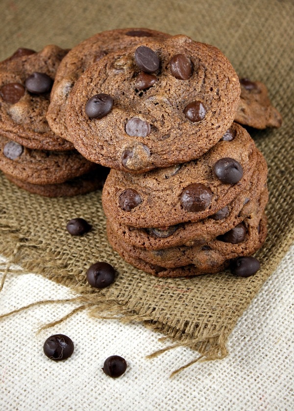 pile of malted dark chocolate chip cookies