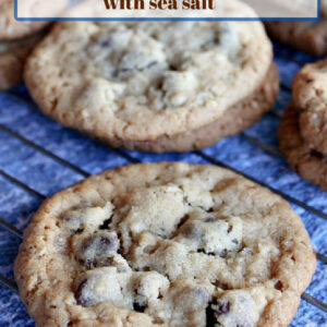 pinterest image for peanut butter chocolate chip oatmeal cookies with sea salt